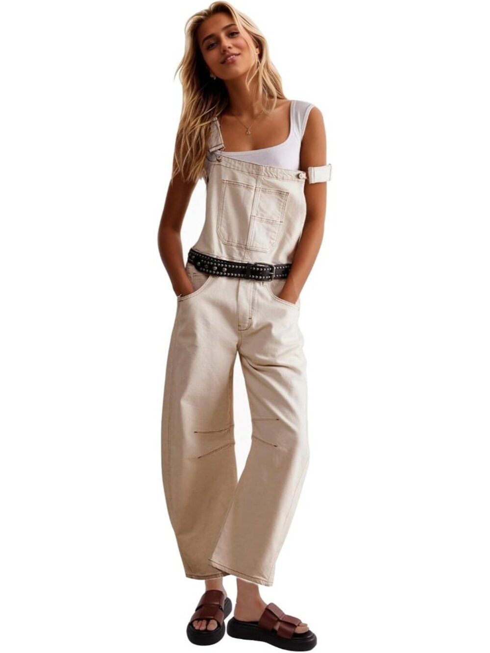 Women's White Denim Bib Overalls Barrel Leg Adjustable Straps Y2K Jean Jumpsuits